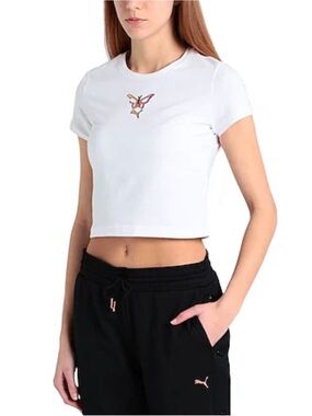 PUMA X DUA LIPA White Women's Short Sleeve Crop Tee with Embroidered Motif